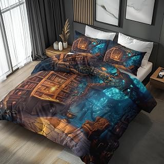 Bookshelf Duvet Cover Queen Size, Fantasy Library Pattern Bedding Set 3 ...