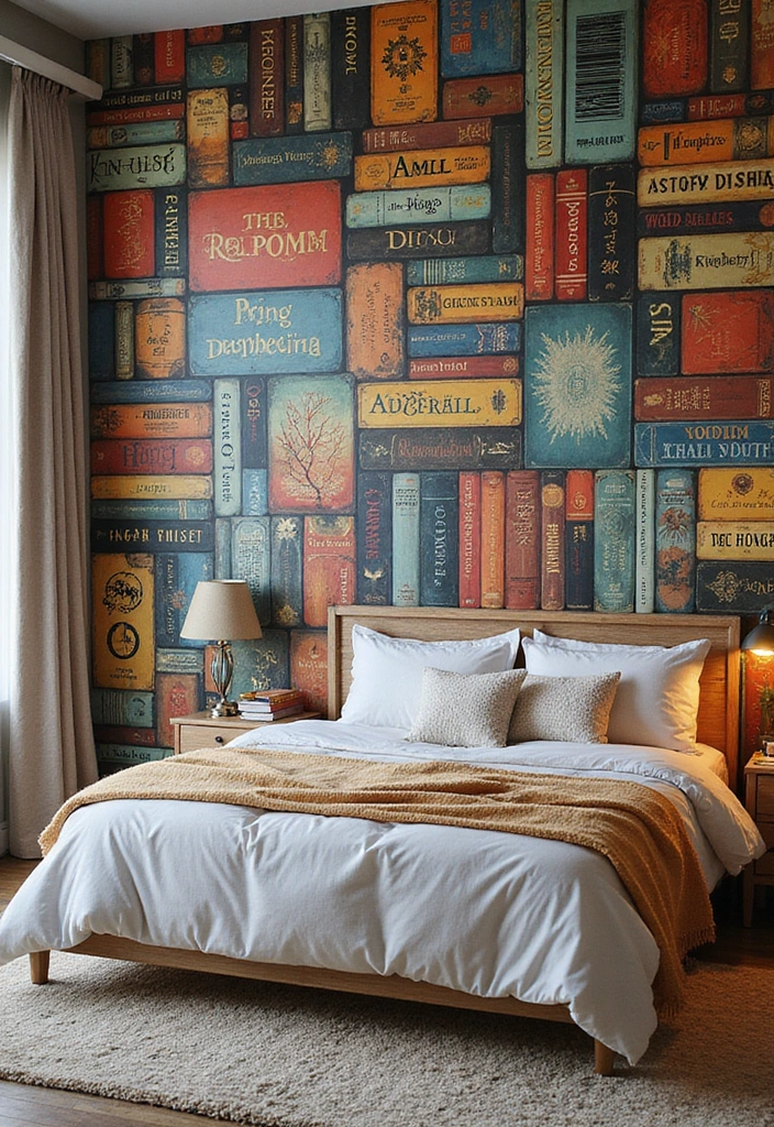 12 Whimsical Maximalist Bedroom Decor Ideas for Book Lovers with Imagination! - 1. Book Wall Mural