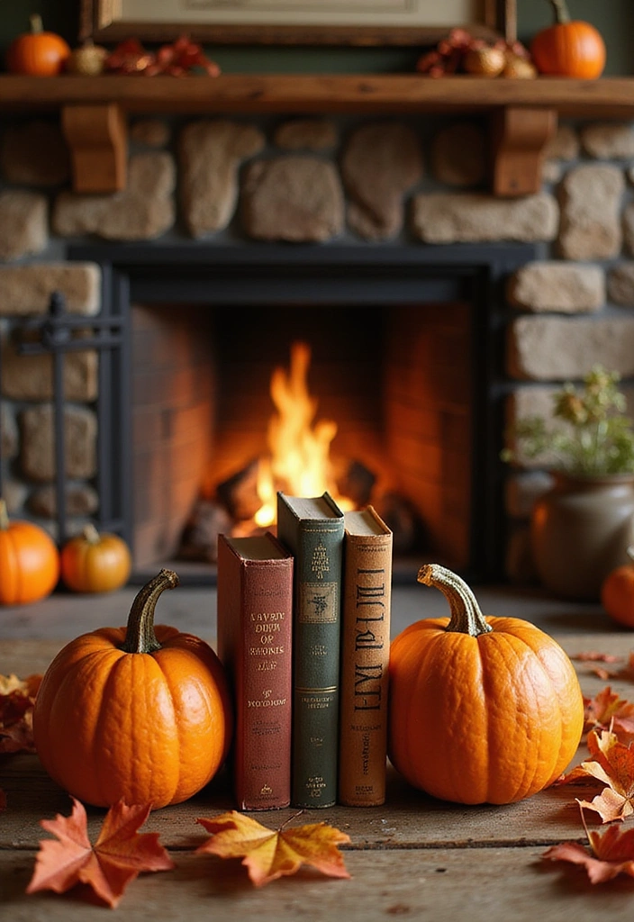 12 Easy DIY Halloween Fireplace Decor Ideas for Book Lovers - 6. Rustic Pumpkin Bookends
