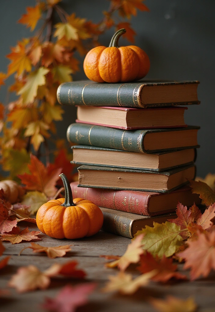 17 Enchanting Fall Door Decor Ideas for Book Lovers That Will Make Your Neighbors Jealous! - 1. Book Stacks with Fall Foliage