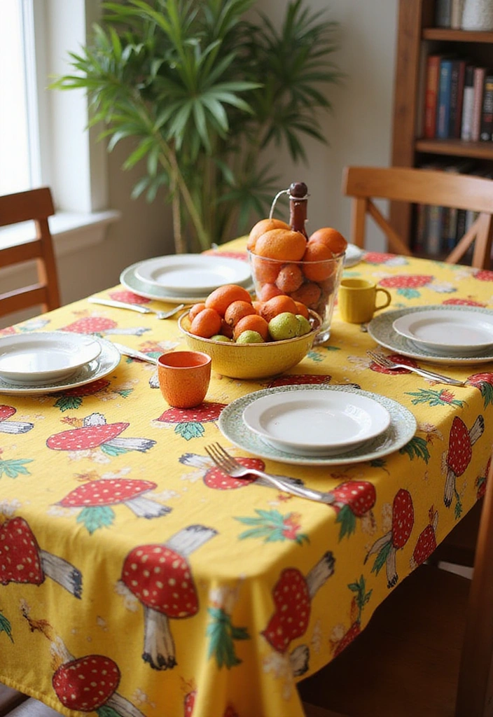 15 Whimsical Mushroom Kitchen Designs That Will Make Every Bookworm Smile! - 11. Mushroom-Themed Tablecloths