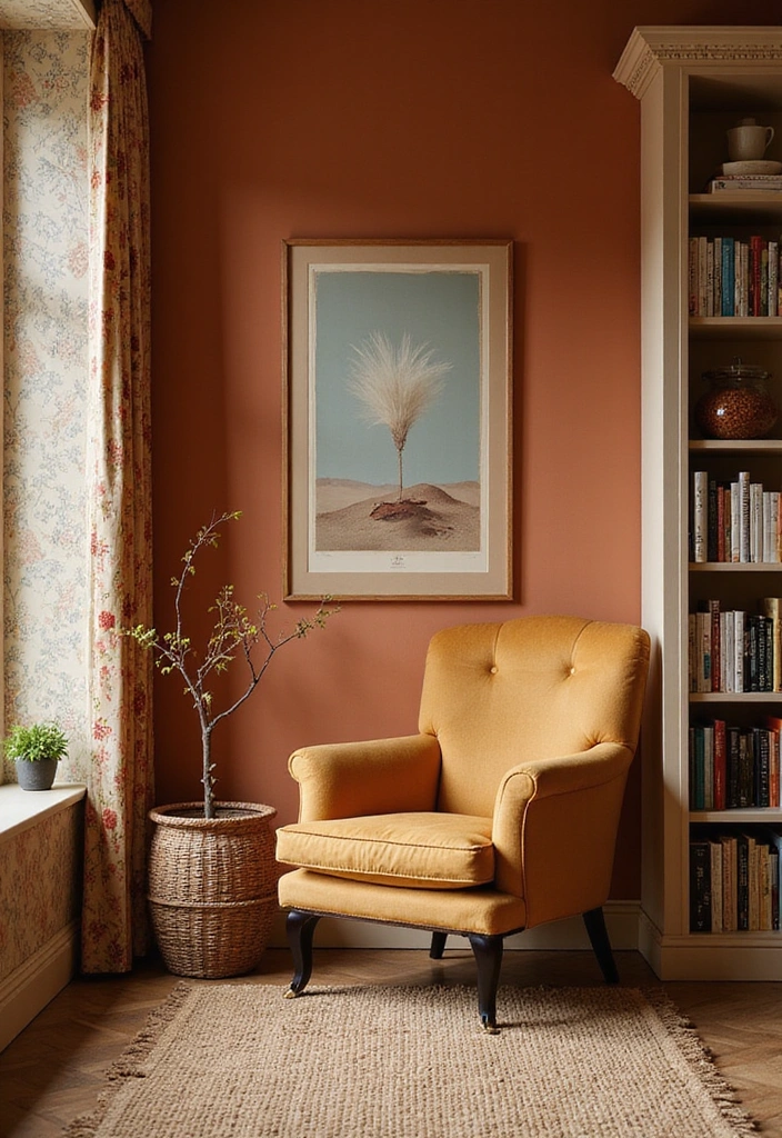 15 Mid-Century Book Nook Decor Ideas That'll Make You Want to Curl Up with a Classic! - 14. Warm Accent Wall