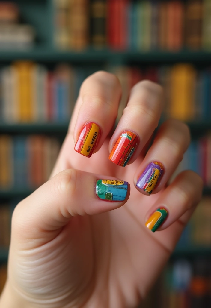 15 Personalized Square Nail Inspo for Every Book Lover (You’ll Be Inspired by #13!) - 3. Colorful Book Spine Nails