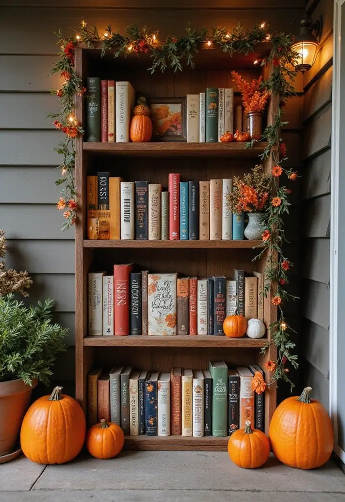 15 DIY Fall Front Porch Decor Ideas for Book Lovers - 5. Seasonal Book Shelf