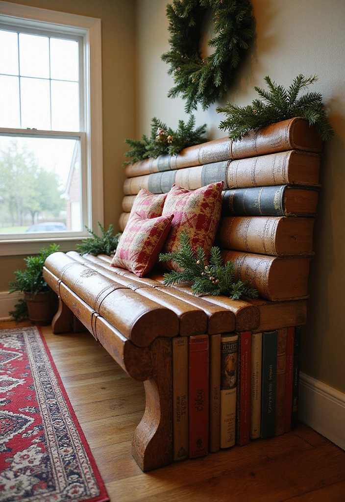 18 Enchanting Christmas Home Decor Ideas Every Book Lover Will Adore! - 16. Seasonal Book Bench