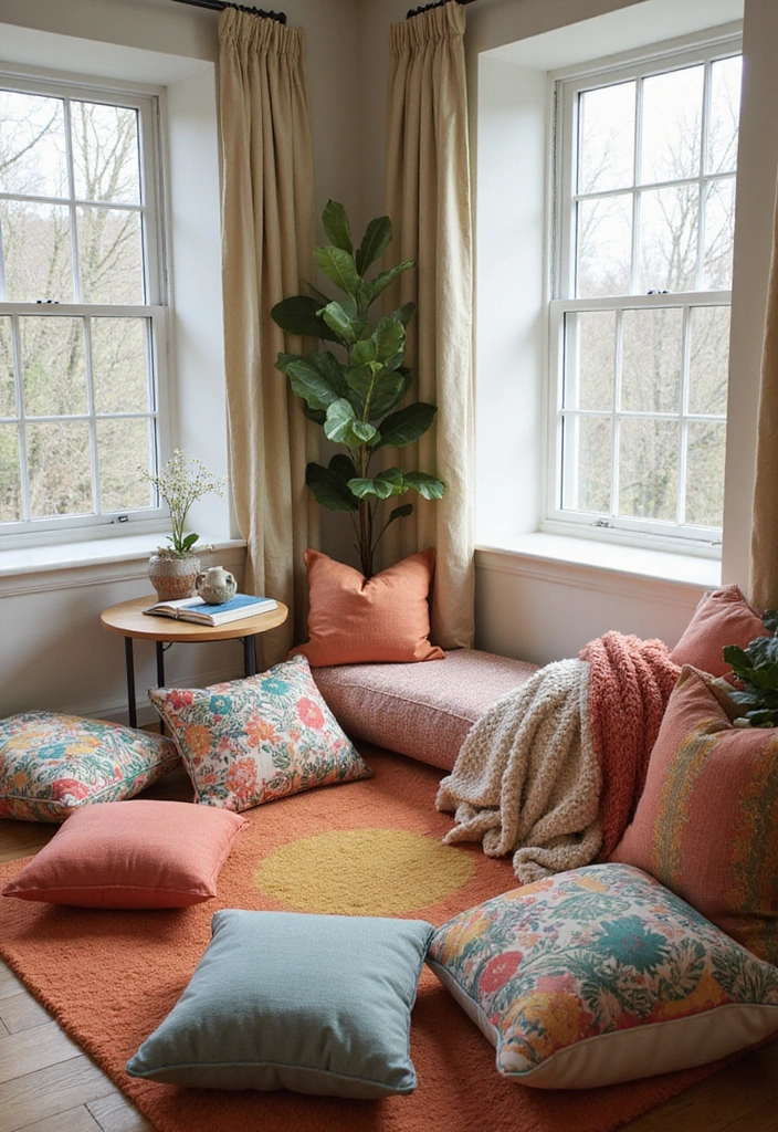 20 DIY Home Library Ideas Every Book Lover Needs to Try (Get Ready for #13!) - 7. Reading Corner with Floor Cushions