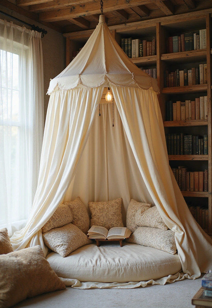 25 Cottagecore Book Nook Inspirations That Will Make You Dream of Reading! - 14. Dreamy Canopy