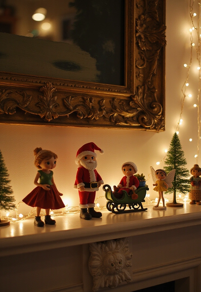 17 Whimsical Bookish Mantel Decor Ideas for Christmas  - 2. Whimsical Figurine Wonderland