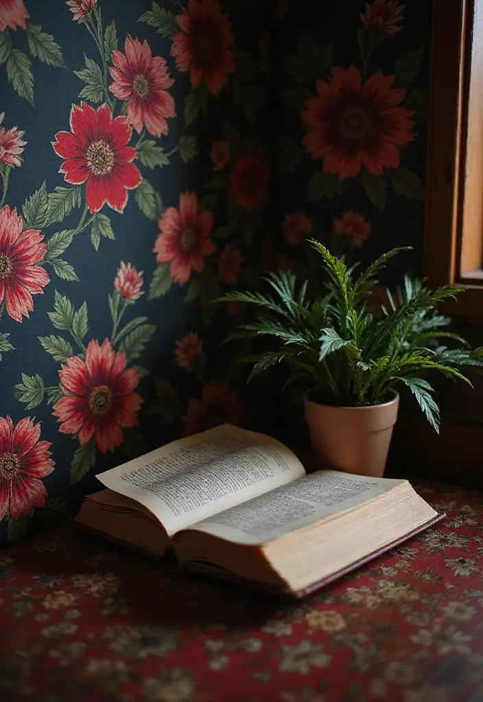 15 Dark Feminine Room Decor Ideas That Will Make Book Lovers Swoon! - 5. Dark Floral Wallpapers