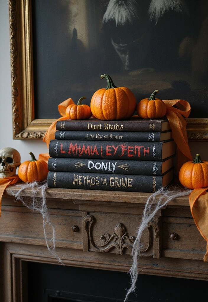 12 Easy DIY Halloween Fireplace Decor Ideas for Book Lovers - 1. Spooky Book Stack