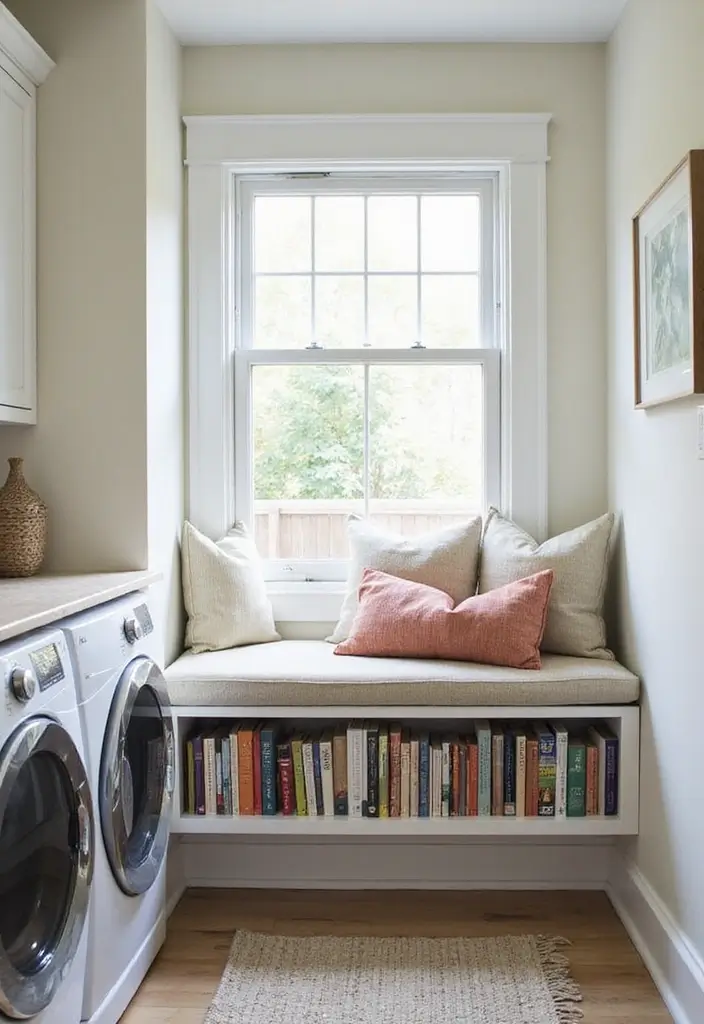 13 Small Laundry Room Ideas for Book Lovers to Save Space and Add Style - 11. Floating Window Seat with Book Storage