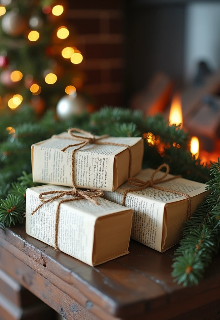 17 Whimsical Bookish Mantel Decor Ideas for Christmas  - 5. Vintage Book Page Wrapping