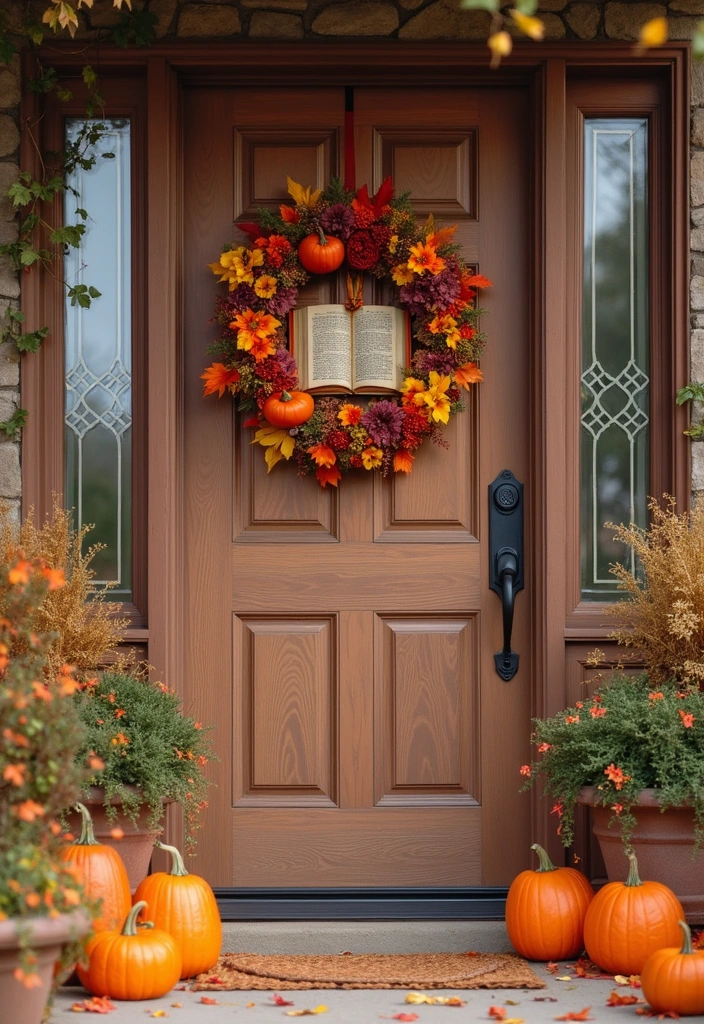 17 Enchanting Fall Door Decor Ideas for Book Lovers That Will Make Your Neighbors Jealous! - 14. Colorful Fall Door Hanger with Book Motif