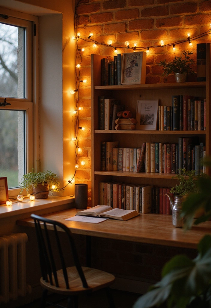 14 Dorm Wall Decor Ideas for Book Lovers to Elevate Your Room - 5. String Lights Around Book Displays
