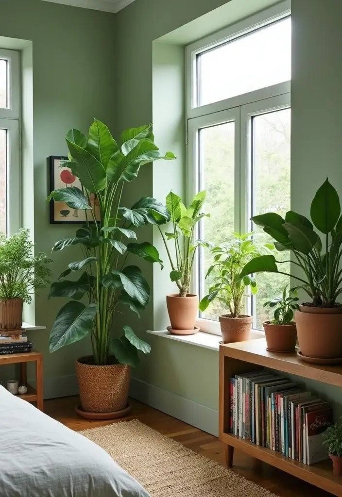 16 Sage Green Bedroom Decor Ideas That Speak to Every Book Lover’s Heart! - 5. Green Plants for a Fresh Look