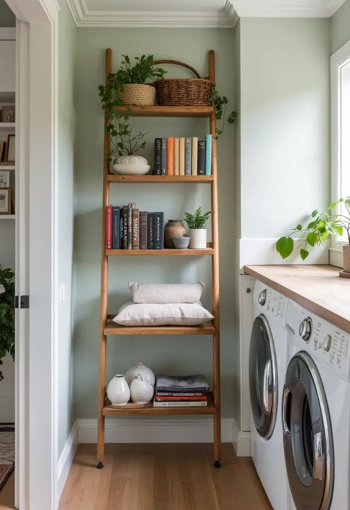 13 Small Laundry Room Ideas for Book Lovers to Save Space and Add Style - 6. Ladder Bookshelf