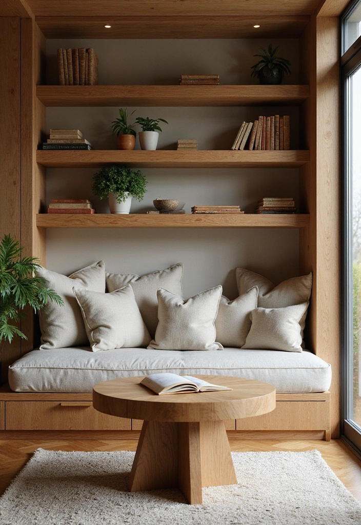 18 Cozy Japandi Book Nook Ideas for Book Lovers Who Crave Comfort! - 14. Natural Wood Accents