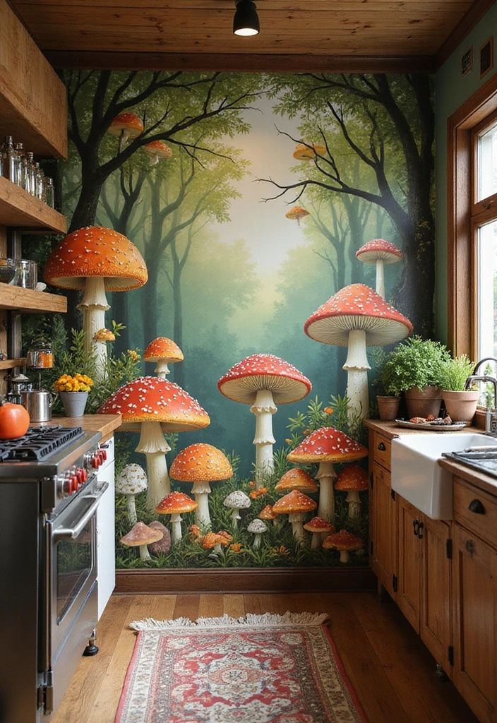 15 Whimsical Mushroom Kitchen Designs That Will Make Every Bookworm Smile! - 1. Enchanted Mushroom Mural