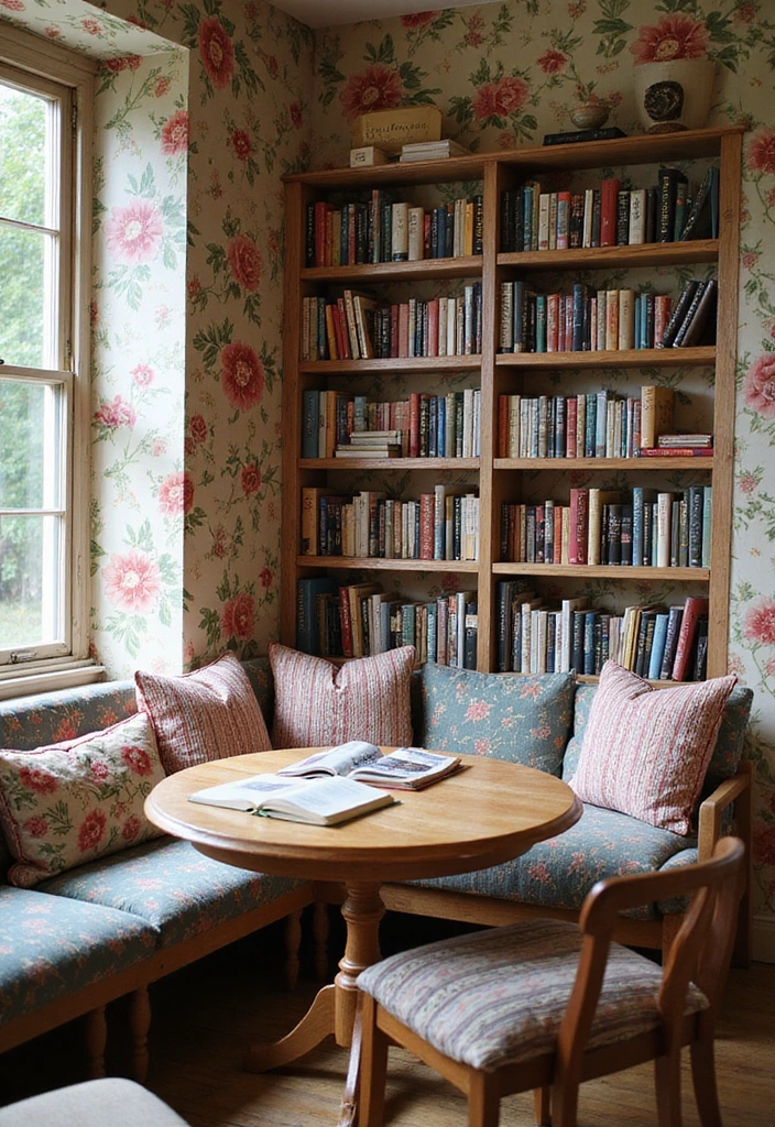 25 Cottagecore Book Nook Inspirations That Will Make You Dream of Reading! - 5. Floral Wallpaper