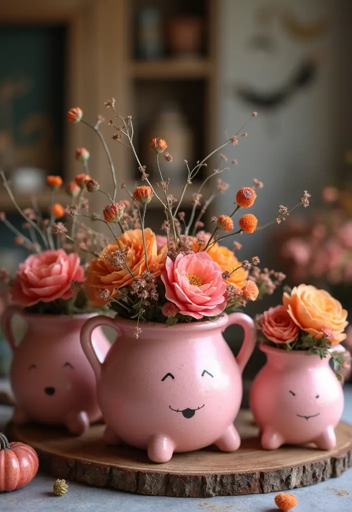 13 Adorable Pink Halloween Decor Ideas Every Book Lover Will Love - 8. Whimsical Cauldron Vases