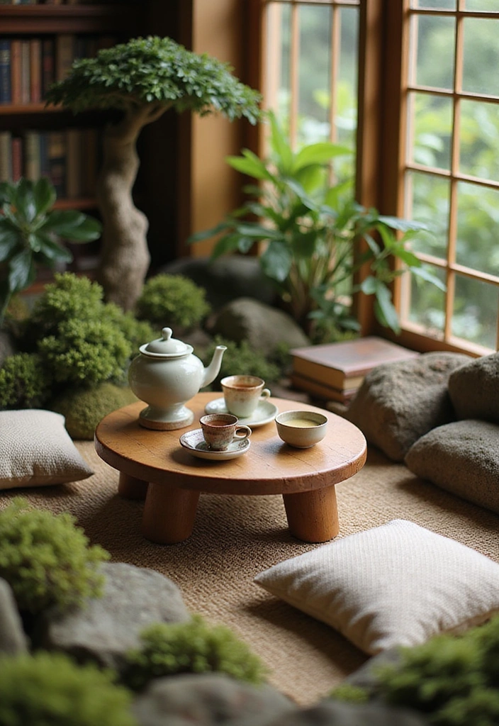 15 DIY Mini Japanese Garden Decor Projects for Book Lovers - 8. Tea Ceremony And Book Pairing Space