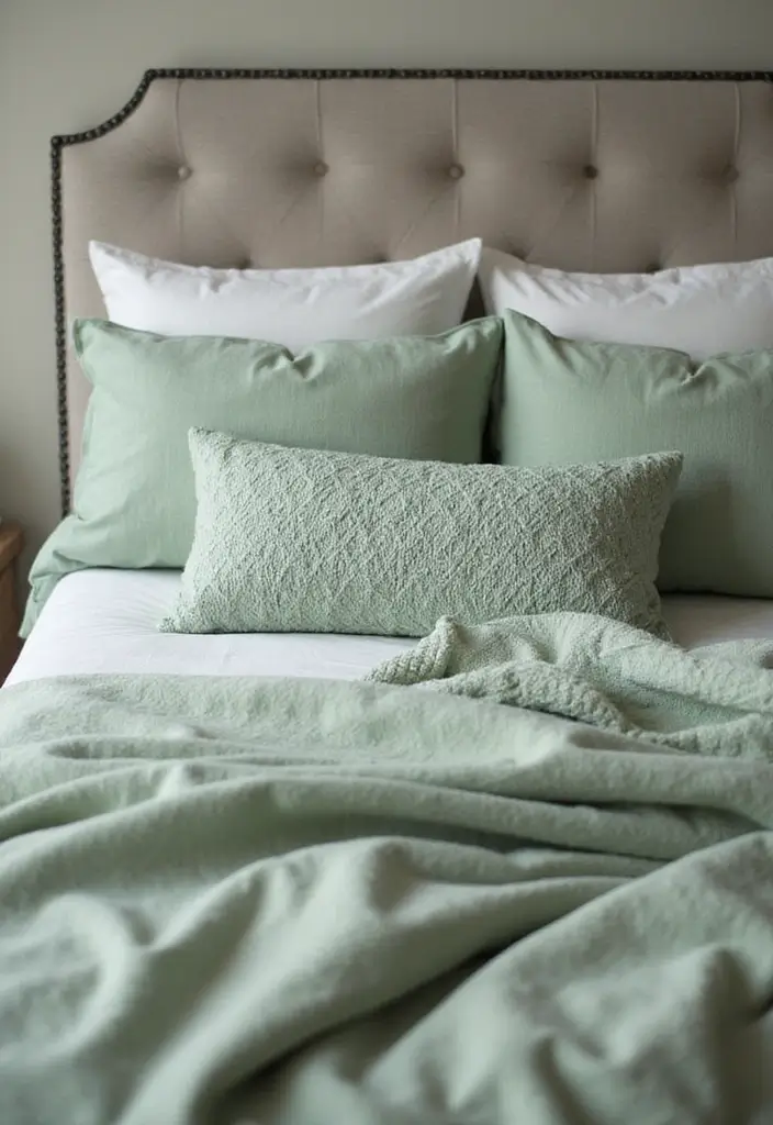 16 Sage Green Bedroom Decor Ideas That Speak to Every Book Lover’s Heart! - 3. Sage Green Bedding Sets