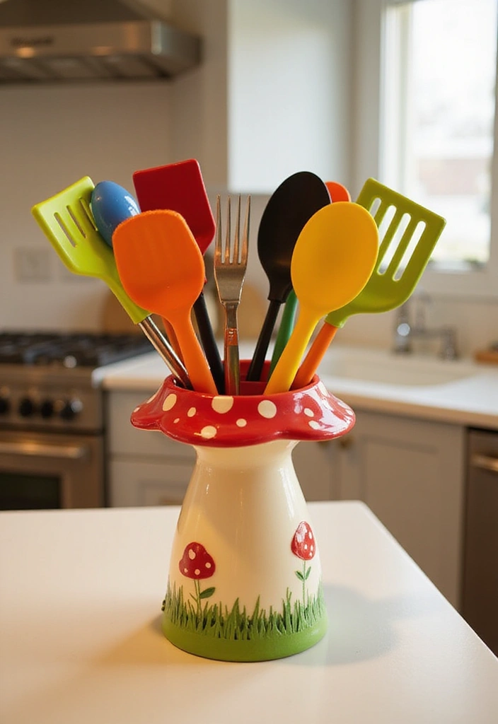 15 Whimsical Mushroom Kitchen Designs That Will Make Every Bookworm Smile! - 13. Charming Mushroom Utensil Holders