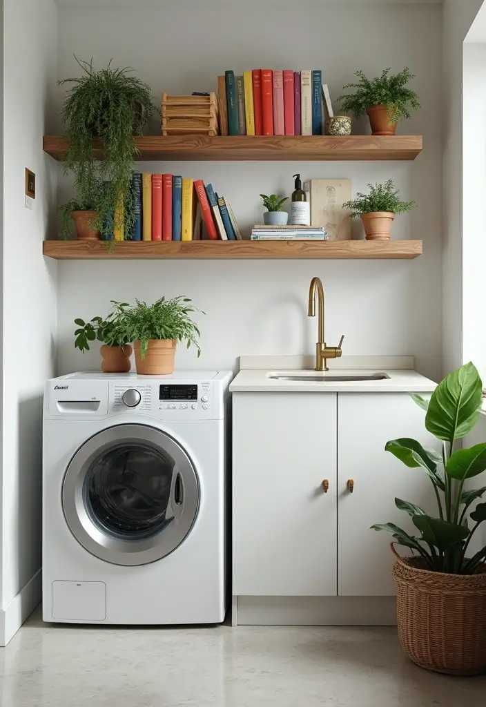 13 Small Laundry Room Ideas for Book Lovers to Save Space and Add Style - 1. Bookshelf Above the Washer