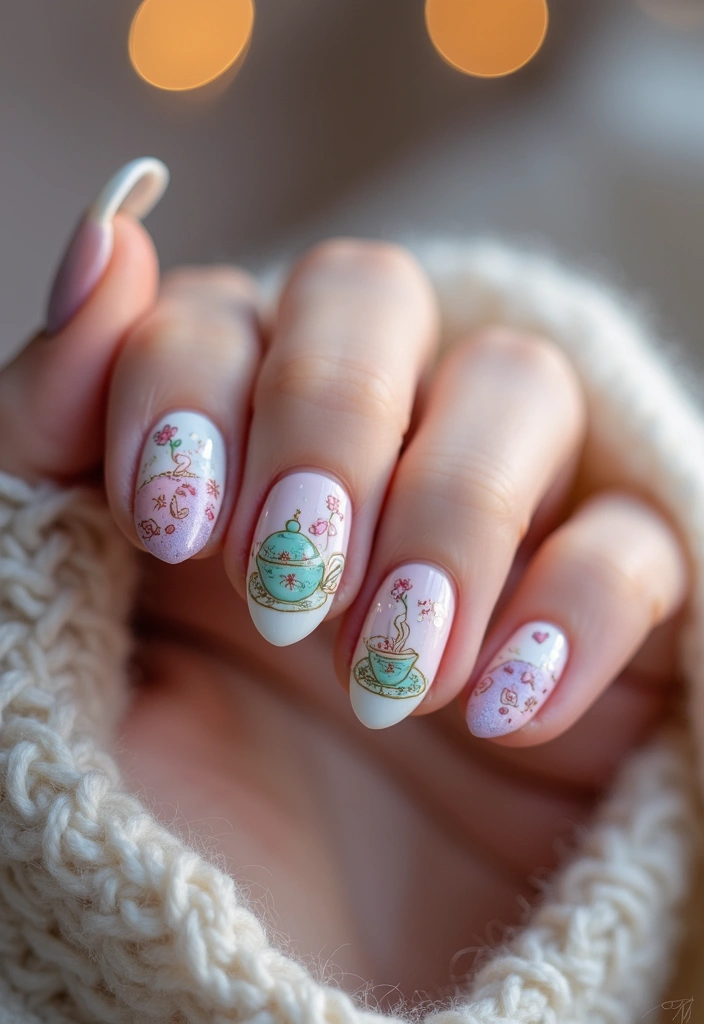 14 Book-Themed Winter Nail Designs Every Book Lover Will Adore! - 7. Whimsical Tea Time