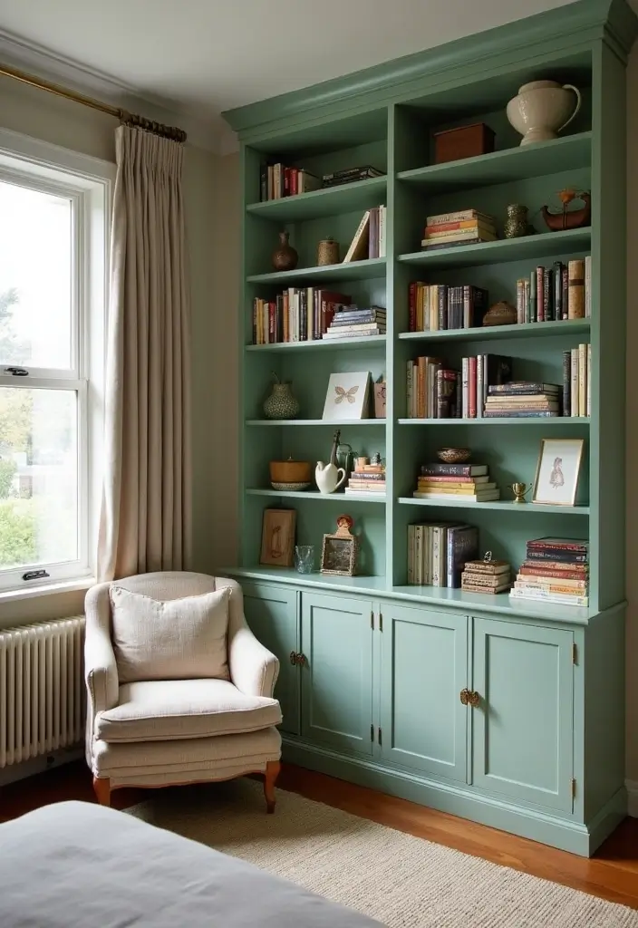 16 Sage Green Bedroom Decor Ideas That Speak to Every Book Lover’s Heart! - 16. Personalized Library Corner