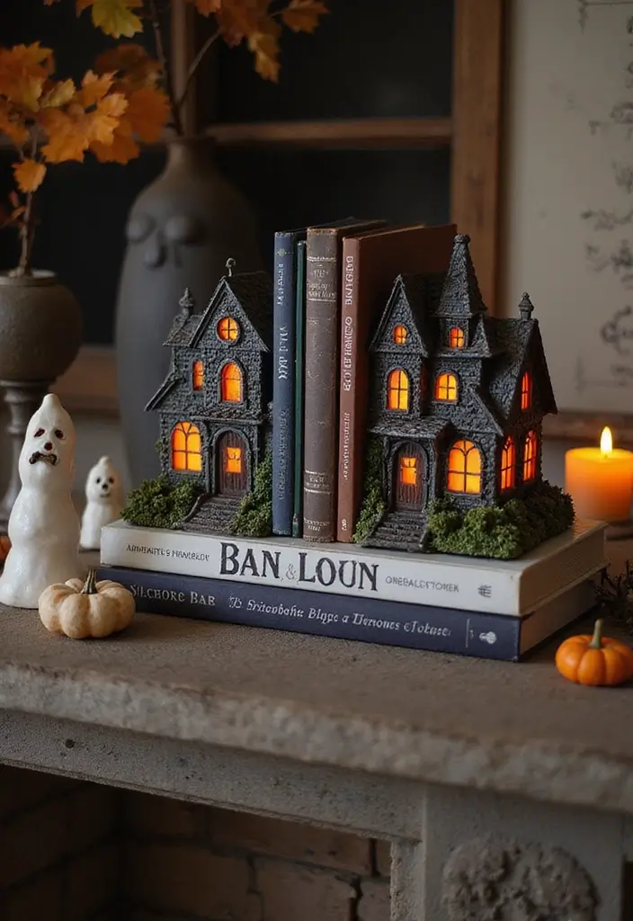 12 Easy DIY Halloween Fireplace Decor Ideas for Book Lovers - 8. Haunted House Bookends