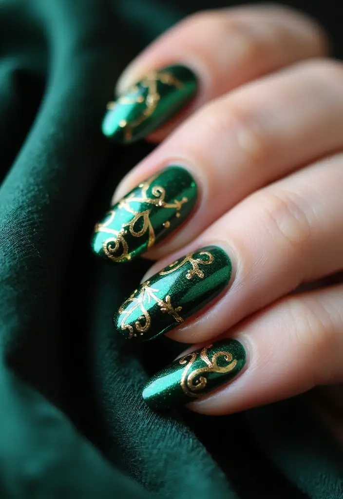 16 Chic Chrome Nail Art Ideas for the Stylish Bookworm (Don't Miss #3!) - 3. Emerald Green with Gold Accents (Don’t Miss #3!)