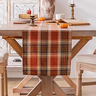 Plaid Fall Thanksgiving Table Runner, Autumn Holiday Rust Orange Table R...