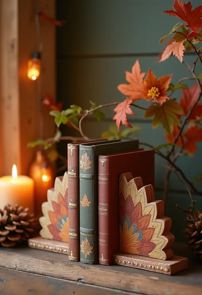16 Easy Thanksgiving Living Room Decor Ideas for Book Lovers - 12. Thanksgiving-Themed Bookends
