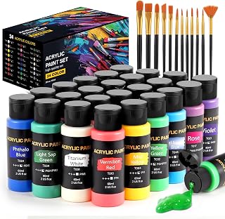 Acrylic Paint Set, 24 Colors (2 oz/Bottle) with 12 Art Brushes, Art Supp...