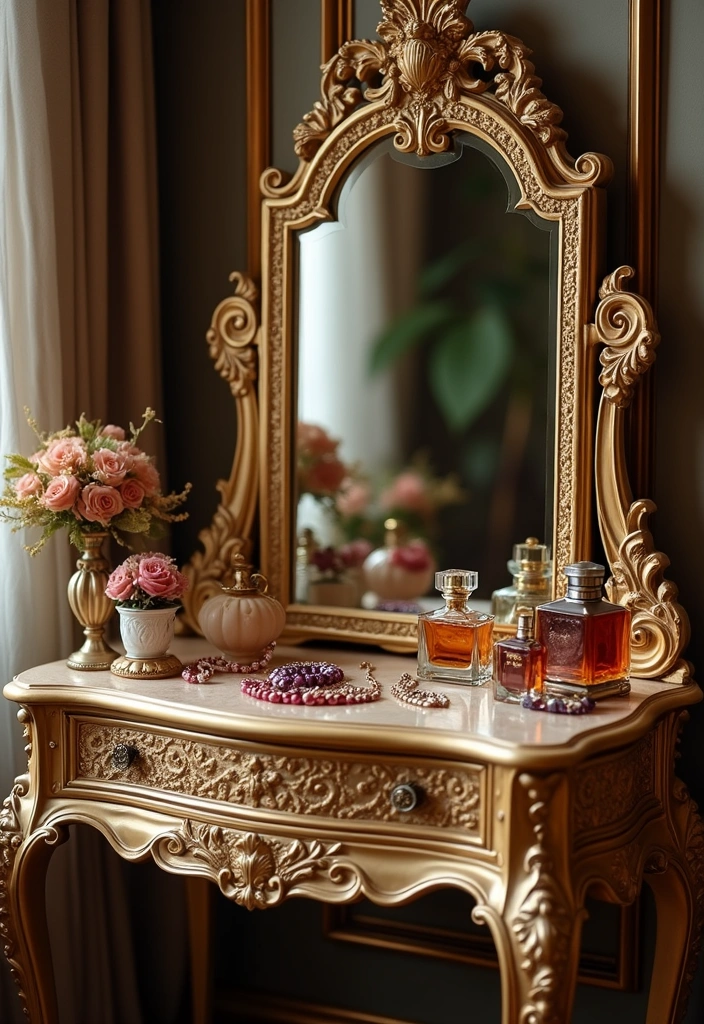 12 Stylish Bedroom Vanity Ideas for Book Lovers - 5. Vintage Chic Glam