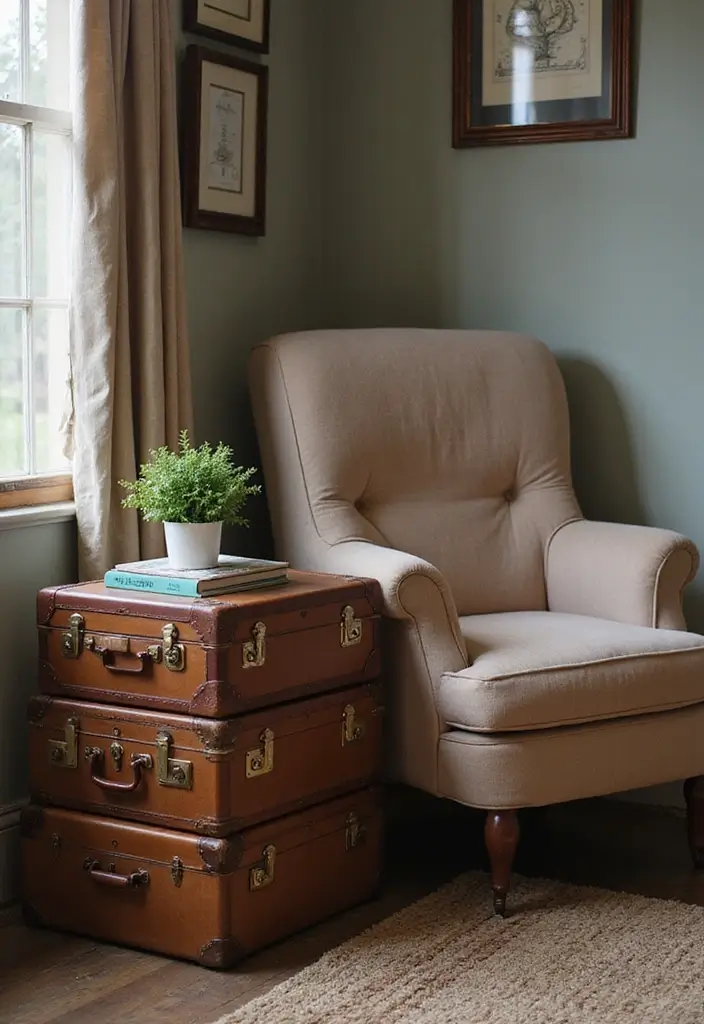 23 Aesthetic Grandmacore Home Decor Ideas for Book Lovers - 19. Old Suitcases as Decor