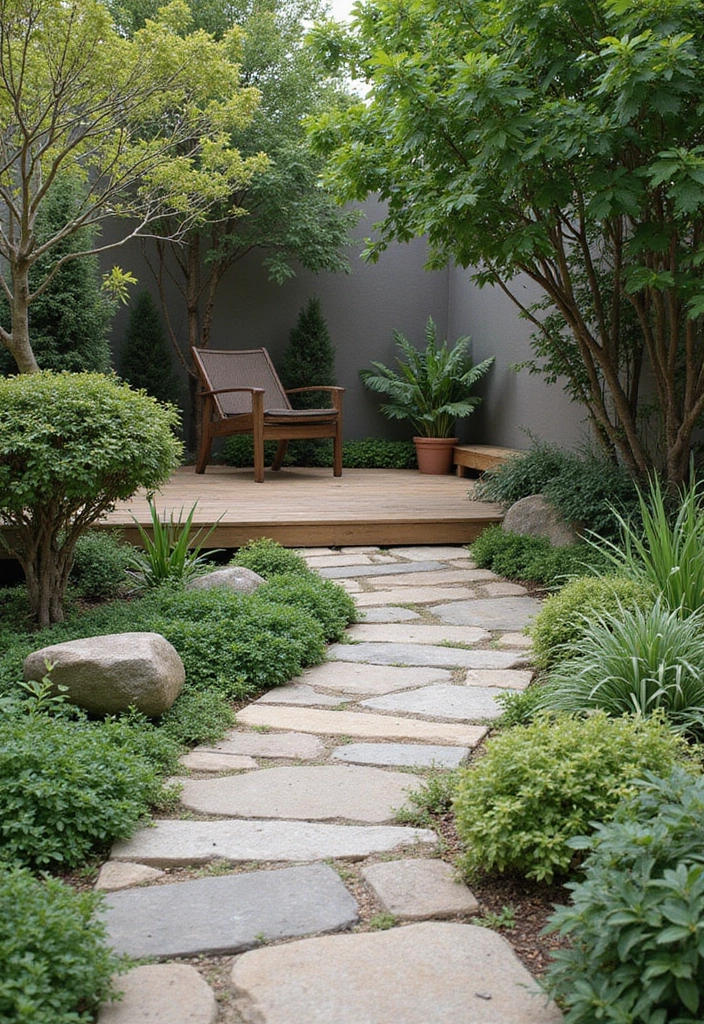 11 Minimalist Garden Nook Ideas for Bookworms (Elegance Meets Comfort!) - 4. Stone and Wood Harmony