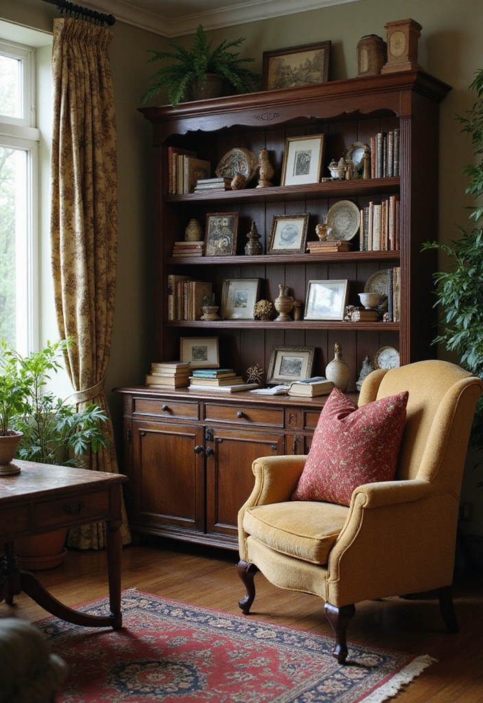 25 Cottagecore Book Nook Inspirations That Will Make You Dream of Reading! - 25. A Personal Touch with Family Heirlooms