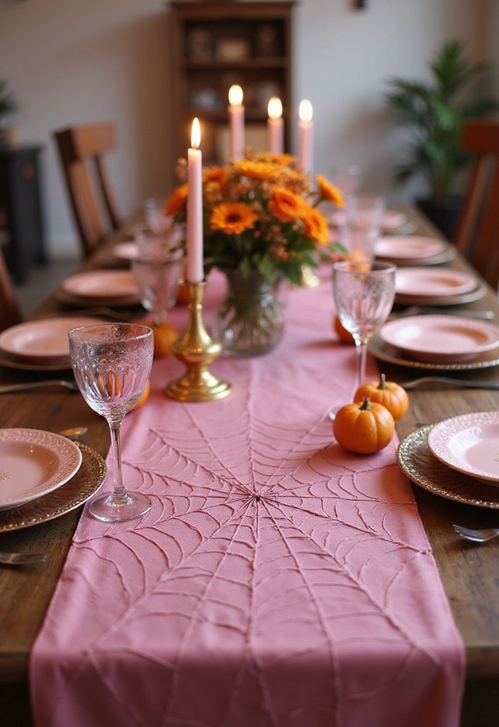 13 Adorable Pink Halloween Decor Ideas Every Book Lover Will Love - 9. Pink Spider Web Table Runner