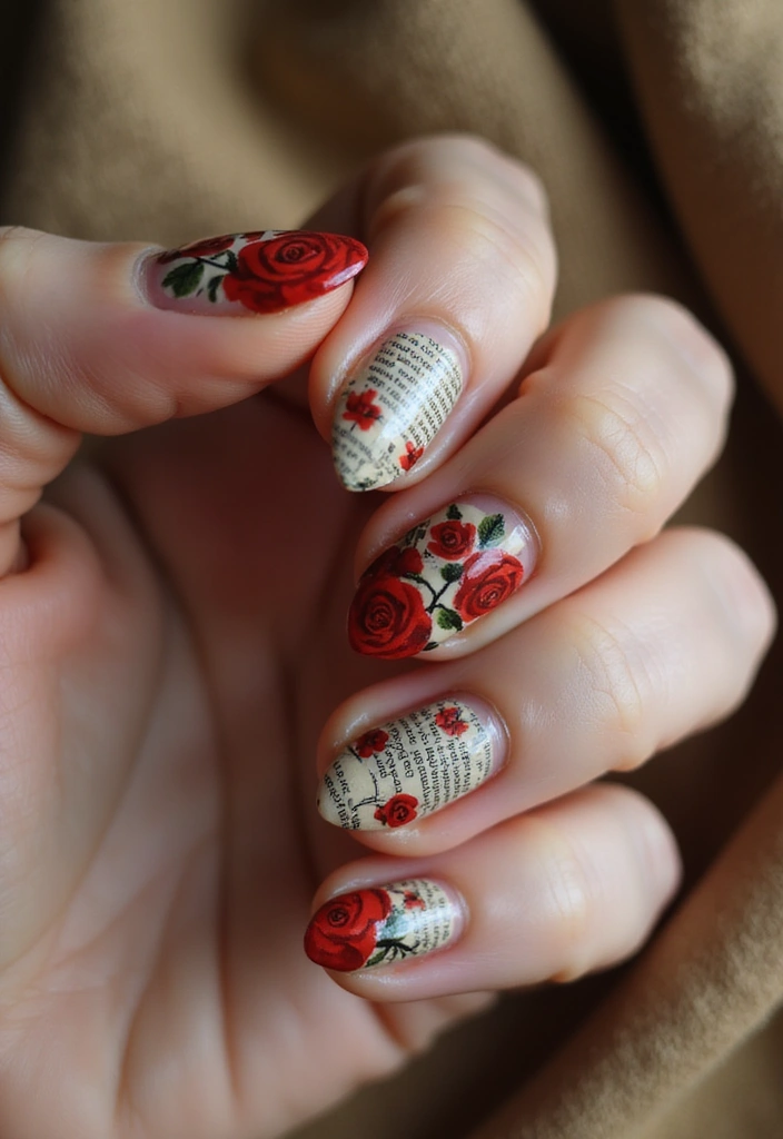 9 Romantic Bookish Valentine’s Day Nail Designs You’ll Want to Wear All Month - 2. Classic Red Roses and Books