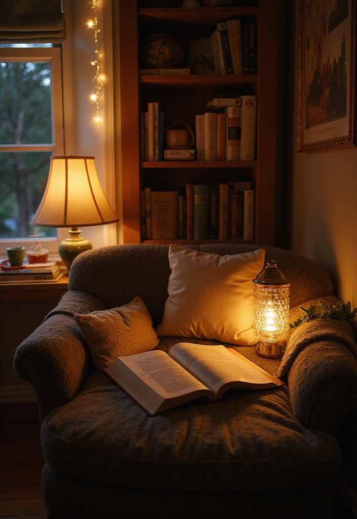 25 Cottagecore Book Nook Inspirations That Will Make You Dream of Reading! - 16. Soft Lighting Options
