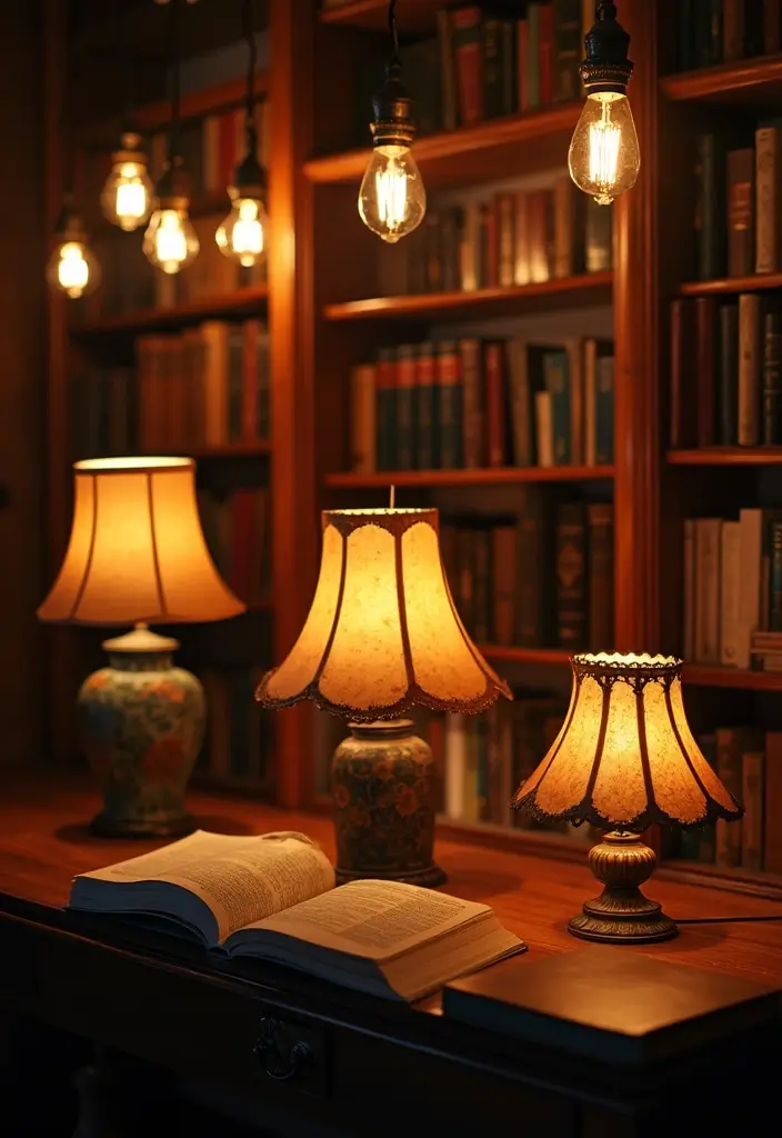 15 Maximalist Vintage Decor Ideas Every Book Lover Needs to Try! - 11. Vintage Lamps for Soft Lighting