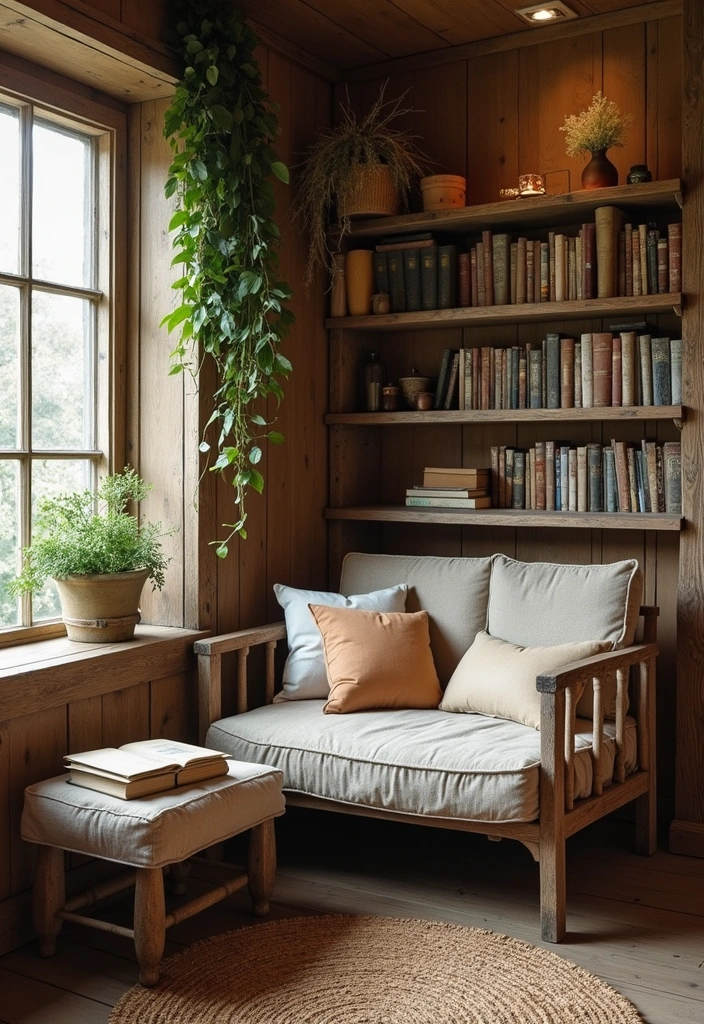 25 Cottagecore Book Nook Inspirations That Will Make You Dream of Reading! - 9. Rustic Wooden Accents