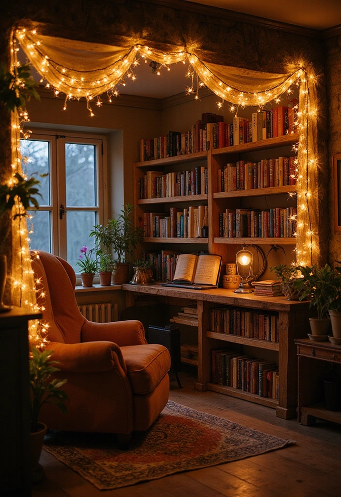 25 Cottagecore Book Nook Inspirations That Will Make You Dream of Reading! - 1. Whimsical Fairy Lights