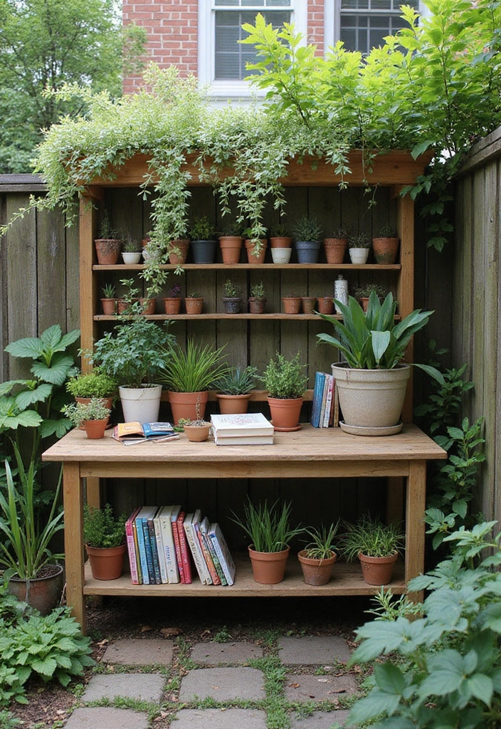 12 Cozy Small Backyard Garden Ideas for Book Lovers  - 12. Potting Bench and Reading Space