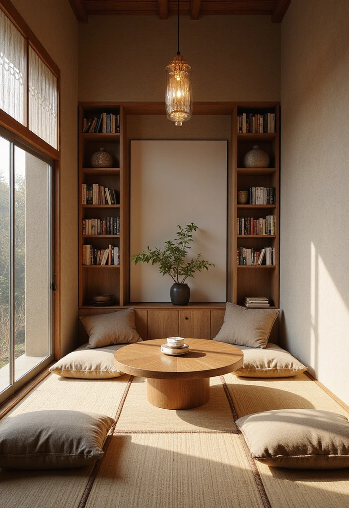 18 Cozy Japandi Book Nook Ideas for Book Lovers Who Crave Comfort! - 3. Reading Nook with a Japanese Tatami Mat