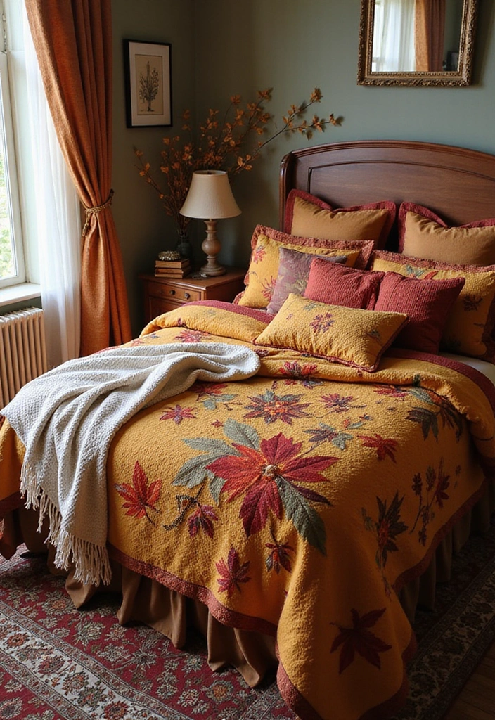 18 Chic Halloween Bedroom Decor Ideas for Book Lovers  - 9. Autumn-Inspired Bedspread