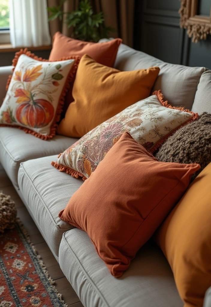 15 Autumn Living Room Decor Ideas Every Book Lover Needs to Try This Fall! - 11. Fall-Themed Throw Pillows