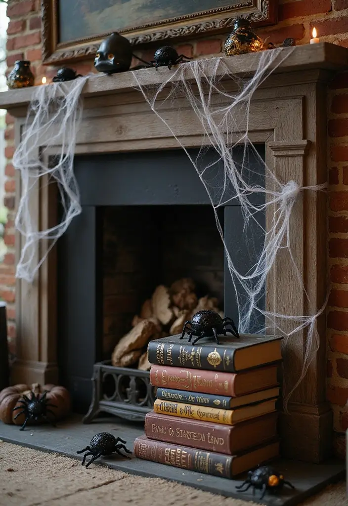 12 Easy DIY Halloween Fireplace Decor Ideas for Book Lovers - 9. Spider Web Book Corner